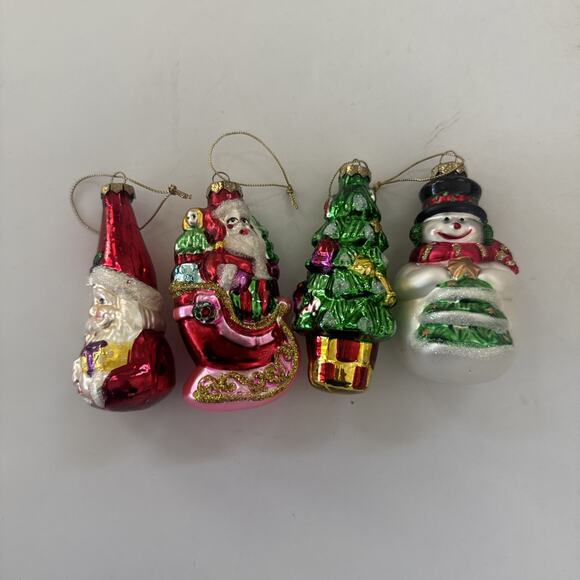 Set of 4 Christmas Ornaments by Greenbrier Santa‎ Snowman Tree Blown Glass - Picture 1 of 13